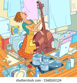A female musician plays the double bass, a housewife is distracted from household chores. Comic cartoon pop art retro vector illustration drawing