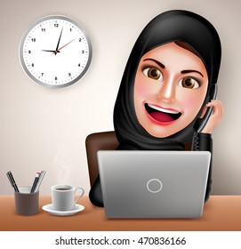 Female muslim arab vector character happy working in office desk with laptop holding telephone and calling wearing black islamic dress. Vector illustration.
