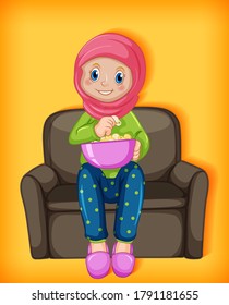 Female muslim cartoon on character eating popcorn illustration