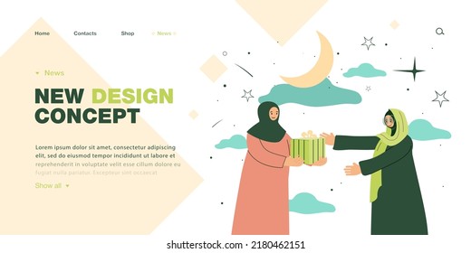 Female Muslim character giving present to mother or friend. Religious tradition flat vector illustration. Celebration, birthday, Ramadan, Islam concept for banner, website design or landing web page