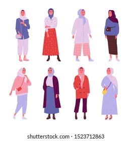 Female Muslim daily outfit collection. Vector illustration of young Muslim women wearing trendy clothes in flat cartoon style. Isolated on white.