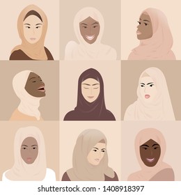 Female Muslim faces. 
Cute Vector Female Muslim Avatar Icons Set. Women Wearing Hijab. Traditional Hijab Collection
