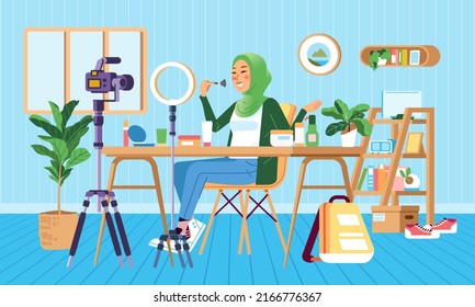 Female muslim hijab beauty blogger making review for cosmetics and recording video for her blog. Young woman talking about make up on vlog channel in room. flat style illustration