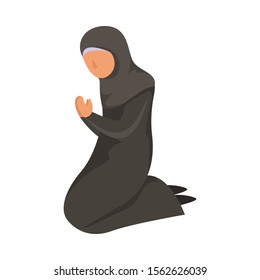 Female Muslim prays in a traditional ethnic black hijab. Vector illustration in flat cartoon style.