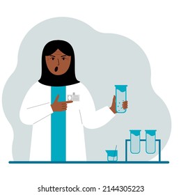 Female muslim scientist with flasks. Experimental scientist, laboratory assistant, biochemistry, chemical, scientific research. Vector flat illustration