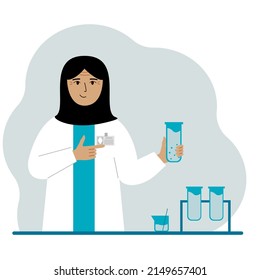 Científica musulmana con frascos. Científico experimental, asistente de laboratorio, bioquímica, investigación química, científica. Ilustración plana del vector