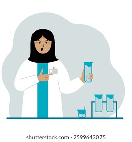 Female muslim scientist with flasks. Experimental scientist, laboratory assistant, biochemistry, chemical, scientific research.