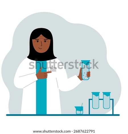 Female muslim scientist with flasks. Experimental scientist, laboratory assistant, biochemistry, chemical, scientific research. Vector flat illustration