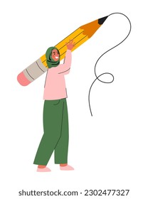 Female muslim student holding big pencil. Happy arab girl in hijab, artist, writing with large pencil. Back to school and education, knowledge concept. Vector illustration