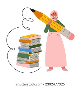 Female muslim student with stack of books holding big pencil. Happy arab girl in hijab writing with large pencil. Back to school and education, knowledge concept. Vector illustration