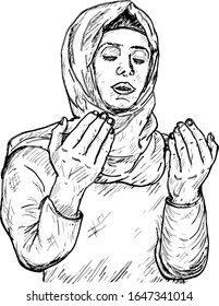 A female Muslim worshiper wearing a hijab. Hand drawn vector illustration.