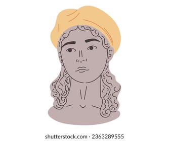 Diosa mítica femenina, cabeza plana antigua. Estatua de una mujer griega de piedra de Gypsum con tocado de boina. Ilustración de dibujos animados aislados por vectores.