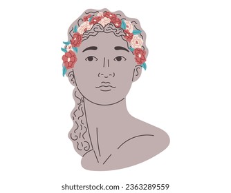 Diosa mítica femenina, cabeza plana antigua. Estatua de una mujer griega de piedra de Gypsum con la cabeza de una flor. Ilustración de dibujos animados aislados por vectores.