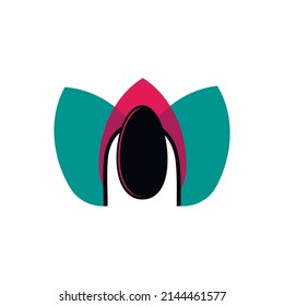 Female nail on lotus flower leaves background. Vector logo, label, emblem design element. Concept for beauty salon, manicure, cosmetic and hand care.