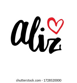 Female name Aliz. Hand drawn vector girl name. Drawn by brush words for poster, textile, card, banner, marketing, billboard.