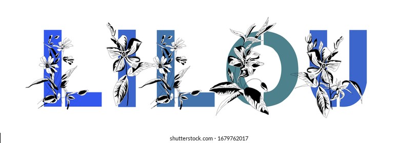 The female name is blue. Font composition with flowers. Vintage decor