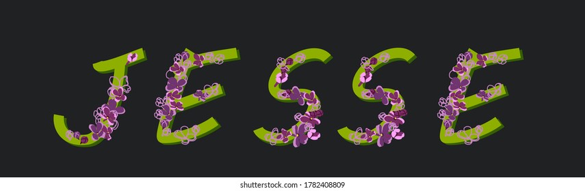 Female name Jesse, written in decorative script. Font composition of blooming lilac flowers on a dark background