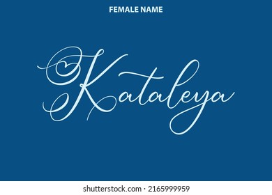 Female Name Kataleya Cursive Calligraphic Text on Blue Background