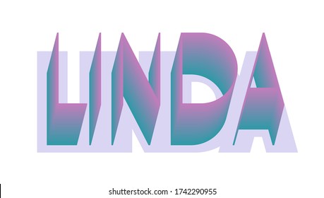 The female name "Linda" written with a blend 3D effect and a smooth gradient of purple and sea green colors. Text vector illustration for web page, app, card, animation.