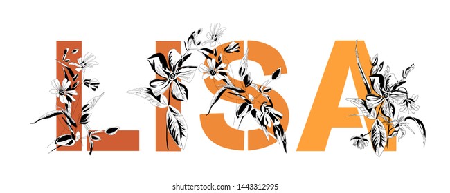 Female name Lisa. Decorative floral font in orange color. Typography in the style of modern, vintage.