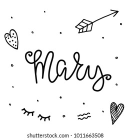 Female name Mary - template for invitation and greeting cards, envelopes, t-shirts, stickers. Vector composition with lettering and hand drawn elements. Polka dots, hearts, arrows. Isolated vector