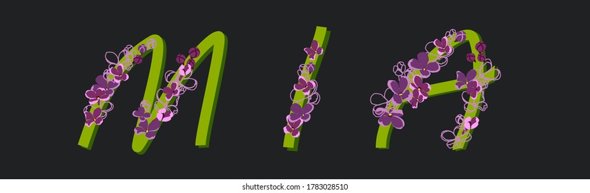 Female name Mia, written in decorative script. Font composition of blooming lilac flowers on a dark background