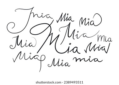 Female name Mia written in different scripts. Handwritten lettering calligraphy Girl name. Vector art