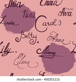 Female names. Seamless pattern. Vector illustration.Pastel color graphic. Lettering. Handwritten letters. Mia, Anna, Betty, Emma,Linda, Nora,Lily, Mary, Elena, Carol, Ava. Good for textile print etc.