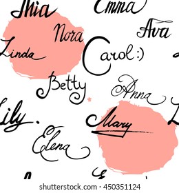 Female names. Seamless pattern. Vector illustration.Pastel color graphic. Lettering. Handwritten letters. Mia, Anna, Betty, Emma,Linda, Nora,Lily, Mary, Elena, Carol, Ava. Good for textile print etc.