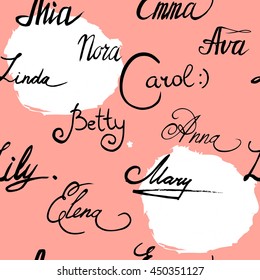 Female names. Seamless pattern. Vector illustration.Pastel color graphic. Lettering. Handwritten letters. Mia, Anna, Betty, Emma,Linda, Nora,Lily, Mary, Elena, Carol, Ava. Good for textile print etc.