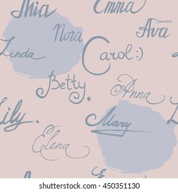 Female names. Seamless pattern. Vector illustration.Pastel color graphic. Lettering. Handwritten letters. Mia, Anna, Betty, Emma,Linda, Nora,Lily, Mary, Elena, Carol, Ava. Good for textile print etc.