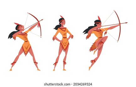 Female as Native American Tribe Member In Traditional Indian Clothing with Bow and Arrow Hunting Vector Set