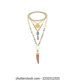 Female necklace in boho style vector illustration. Vintage outfit design element and jewellery for women isolated on white background. Fashion, Bohemian style concept