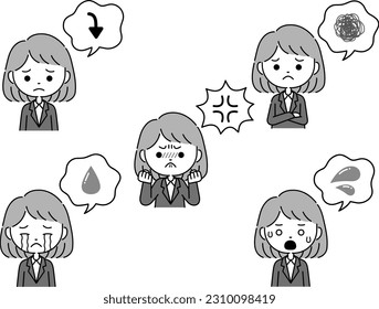 Female negative emotion expression illustration with speech bubble　monochrome