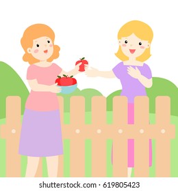 Female neighbor friendly give apples bowl greeting vector illustration