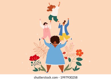 Female networking and support group. Flat style illustration of a woman balancing other females on her shoulders on beige background