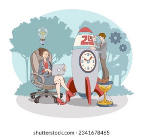 Female with new ideas working on laptop. Man standing near and manage time. Time organization and management concept. Flat vector illustration in blue colors in cartoon style