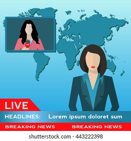 Female news anchor with female journalist live news coverage vector illustration