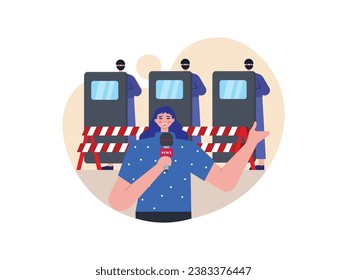 Female news reporter at a demonstration with roadblock and police protection. Character design. Vector flat illustration