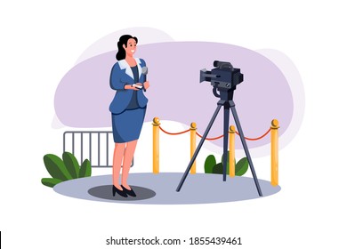 Female news reporter giving news report Vector Illustration concept. Flat illustration isolated on white background.