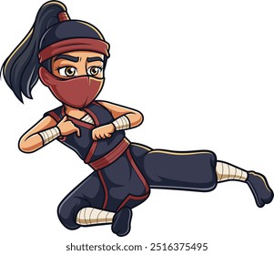 Ninja fêmea fazendo uma ilustração de vetor de chute voador