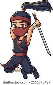 Ninja fêmea saltando para atacar com uma ilustração vetor espada katana