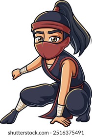 Female ninja landing and staying on the ground after a jump vector illustration