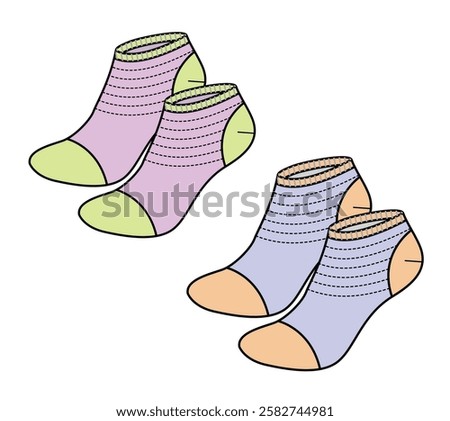 Female no show socks vector mockup template technical drawing.