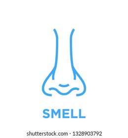 Female nose icon. Smell symbol. Human nasal breath sign. Blue vector graphic line style illustration isolated on white background.
