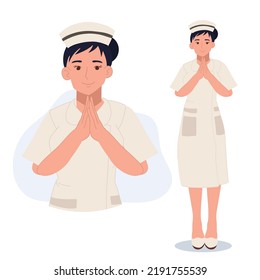 Female Nurse With Asian Thai Style Welcoming Gesture. Thank You , Salute. Flat Vector Illustration