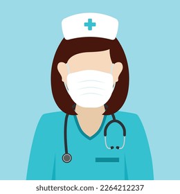 Female Nurse avatar wearing mask clipart icon logo animated cartoon vector in flat design women occupation