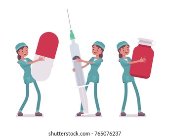 Female nurse and big tools. Young woman in hospital uniform holding giant enema, syringe, pill. Medicine and healthcare concept. Vector flat style cartoon illustration isolated on white background