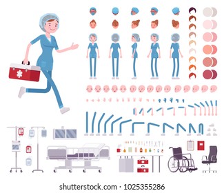 Female nurse in blue uniform character creation set. Full length, different views, emotions, gestures. Medicine, healthcare concept. Build your own design. Vector illustration