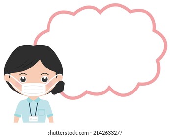 A female nurse in a blue uniform and a mask with speech balloon